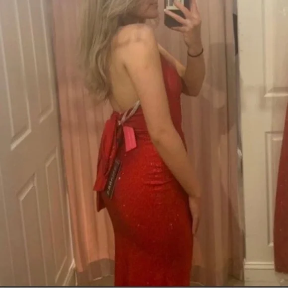 strapless open back dress Amarra 20019 Size 10 Neon Orange Prom Dress Jersey